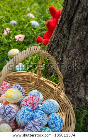 Easter eggs basket on green grass