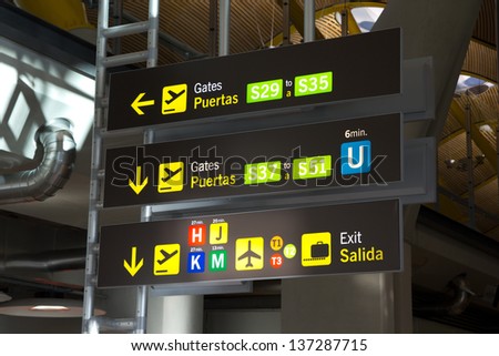 MADRID, SPAIN - FEBRUARY 6: A gate sign at the Barajas airport on February 6, 2013 in Madrid, Spain. Madrid-Barajas is EuropeÃ?Â´s fourth busiest airport serving over 49 million passengers per year.