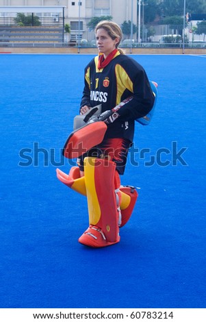 VALENCIA, SPAIN - JULY 30: Spain's National Women's Field Hockey Goal keeper, Maria Lopez de Eguilaz, just before playing the USA National Women's Team on July 30, 2010 in Valencia, Spain.