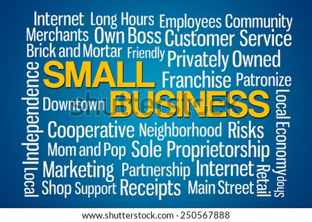 Small Business word cloud on blue background