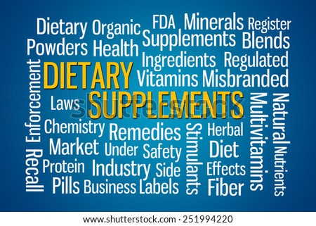 Dietary Supplements word cloud on blue background
