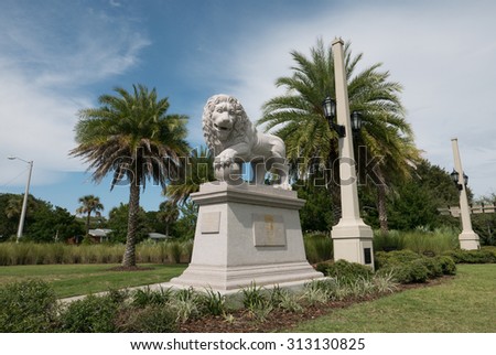 ST. AUGUSTINE, FLORIDA - AUGUST 15, 2015: One of the two new granite lion statues on the east side of the Bridge of Lions in St. Augustine. The lions were unveiled during a ceremony on July 2, 2015.