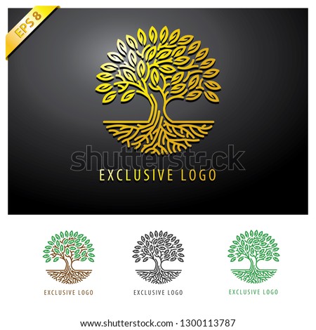 abstract golden tree logo. exclusive tree logo. leaf and tree logo. Tree and root logo vector leaf emblem badge download - Vector