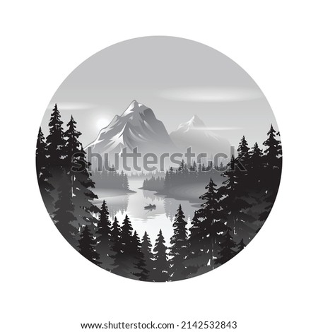 Forest and mountains logo design template, nature landscape with silhouettes of trees, river, fishing boat, and mountains, natural scene icon in circle frame, vector illustration in grayscale.