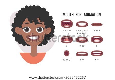 African American Women lips for animation with Alphabet pronunciation. Cartoon style illustration female mouth ABC. Isolated Hand drawn vector facial expression. Gestures Expressing Different sound