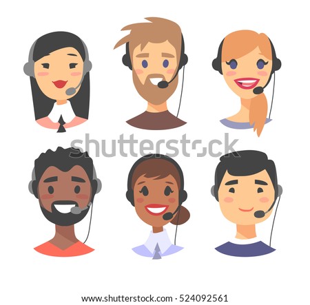 Portrait of happy smiling customer support phone operator. Call center worker with headset. Cartoon vector illustration women and men agent