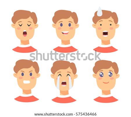 Set of male emoji characters. Cartoon style emotion icons. Isolated boy avatars with different facial expressions. Flat illustration men emotional faces. Hand drawn vector drawing emoticon