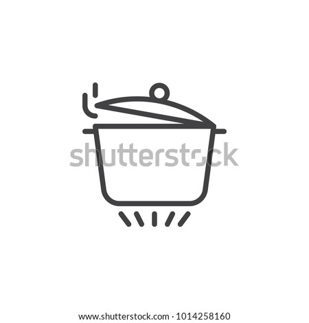 Pan with open cover on gas stove line icon, outline vector sign, linear style pictogram isolated on white. Boiling saucepan on kitchen stove symbol, logo illustration. Editable stroke