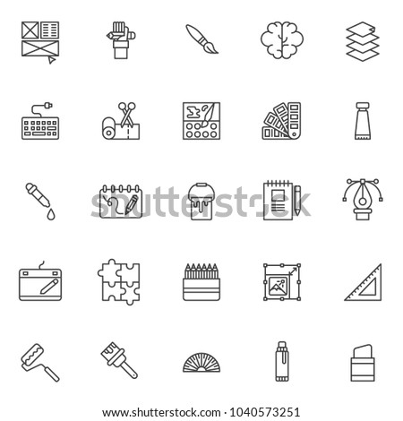 Drawing elements outline icons set. linear style symbols collection, line signs pack. vector graphics. Set includes icons as layout, hand with pencil, paint brush, blain, tape and scissors, dropper