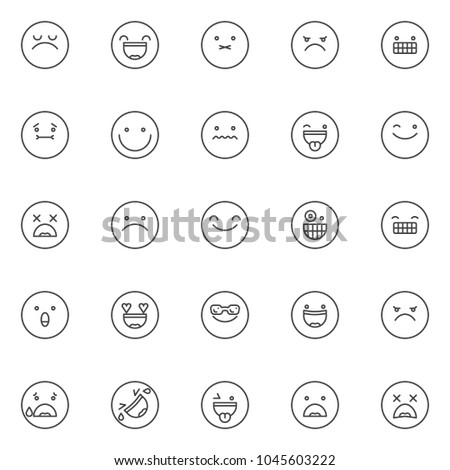 Emoji outline icons set. linear style symbols collection, line signs pack. vector graphics. Set includes icons as arrogant face emoticon, smiling face with open mouth and smiling eyes emoticon, angry