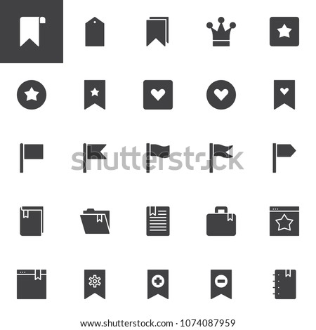 Bookmarks and tags vector icons set, modern solid symbol collection, filled style pictogram pack. Signs, logo illustration. Set includes icons as Bookmark, Tag, Crown, Star, Heart, Flag, Folder, Book