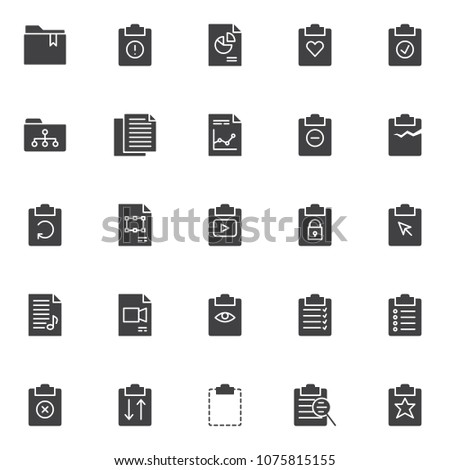 File and folders vector icons set, modern solid symbol collection, filled style pictogram pack. Signs, logo illustration. Set includes icons as bookmarked folder, clipboard with exclamation mark