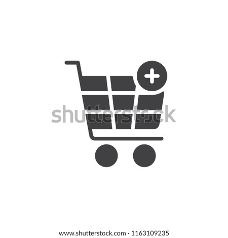 Add to shopping cart vector icon. filled flat sign for mobile concept and web design. Trolley with plus simple solid icon. Online shopping symbol, logo illustration. Pixel perfect vector graphics