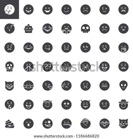Emoji vector icons set, modern solid symbol collection, filled style pictogram pack. Signs logo illustration. Set includes icons as Thinking Emoticon, Happy Smiley, Sad face, Sleeping, Laughing, Angry