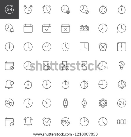 Time outline icons set. linear style symbols collection, line signs pack. vector graphics. Set includes icons as 24 hours timer, alarm clock, calendar, chess clock, hourglass, stopwatch, wall watch