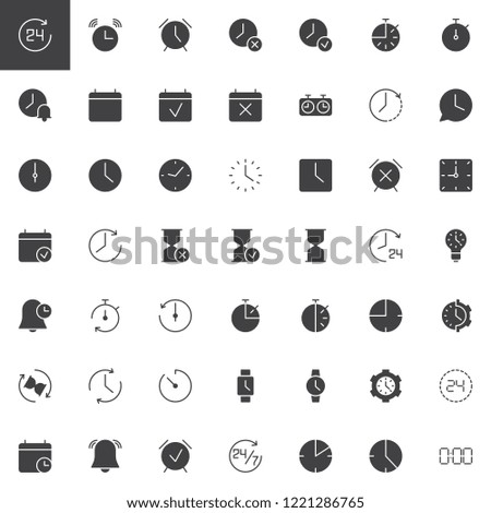 Time vector icons set, modern solid symbol collection, filled style pictogram pack. Signs, logo illustration. Set includes icons as 24 hours timer, alarm clock, calendar,  hourglass, stopwatch