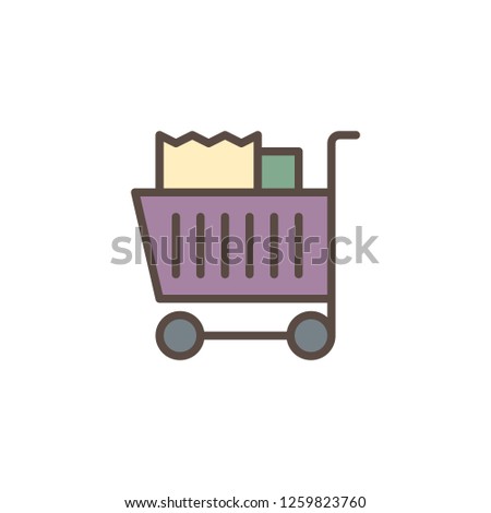 Grocery trolley cart filled outline icon, line vector sign, linear colorful pictogram isolated on white. Shopping cart with paper bags symbol, logo illustration. Pixel perfect vector graphics