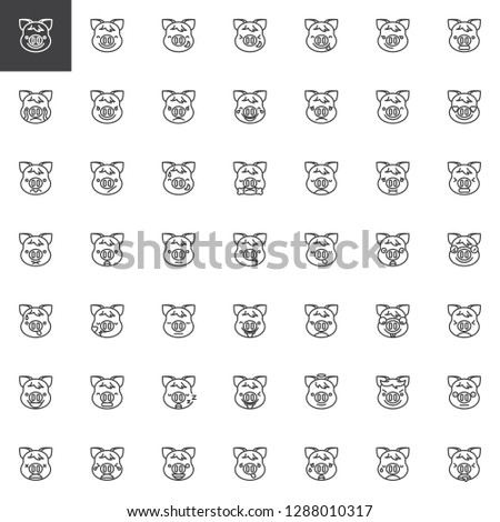 Piggy face emoji line icons set. linear style symbols collection, outline signs pack. vector graphics. Set includes icons as Smiling face emoticon character, New year Pig head smiley