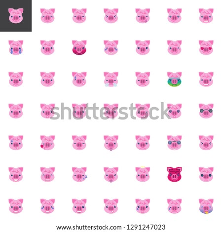Piggy Face Emoji elements collection, flat icons set, Colorful symbols pack contains - New year Pig emoticon, Smiling emoticon, Emoji character, Vector illustration. Flat style design