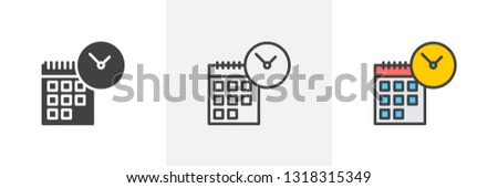 Calendar with clock icon. Line, glyph and filled outline colorful version, Calendar date time outline and filled vector sign. Reminder symbol, logo illustration. Different style icons set. 