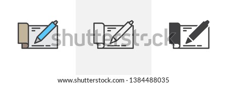 Checkbook and pen icon. Line, glyph and filled outline colorful version, Bank cheque book with pen outline and filled vector sign. Symbol, logo illustration. Different style icons set. Vector graphics