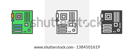 Computer hardware, motherboard icon. Line, glyph and filled outline colorful version, motherboard slot outline and filled vector sign. Symbol, logo illustration. Different style icons set