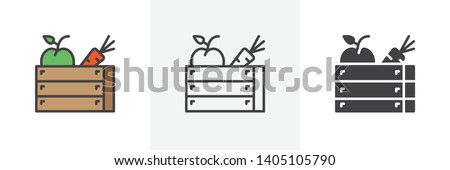 Harvest wooden box icon. Line, glyph and filled outline colorful version, Carrot and apple in box outline and filled vector sign. Symbol, logo illustration. Different style icons set. Vector graphics