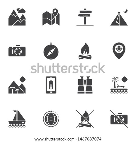Travel vector icons set, modern solid symbol collection, filled style pictogram pack. Signs, logo illustration. Set includes icons as camping tent, camera, mountains landscape, map marker, binoculars