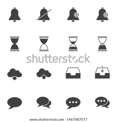 User interface vector icons set, modern solid symbol collection, filled style pictogram pack. Signs, logo illustration. Set includes icons as sound notification, sand clock, download, speech bubbles