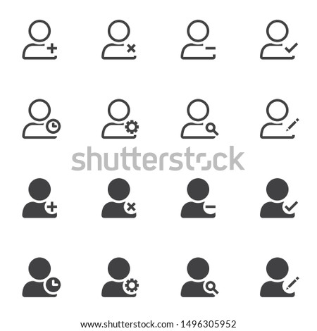 User universal icon set, line and glyph version, outline and filled vector sign. linear and full pictogram. Symbol, logo illustration. Set includes icons as contact add, delete, remove, edit, search