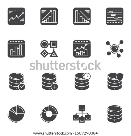 Data graph vector icons set, modern solid symbol collection, filled style pictogram pack. Signs, logo illustration. Set includes icons as database backup, social network, business graph, diagram