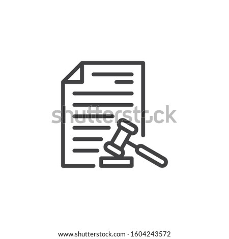 Law document file line icon. Court decision linear style sign for mobile concept and web design. Legal document page with Judge Gavel outline vector icon. Law and justice symbol, logo illustration.