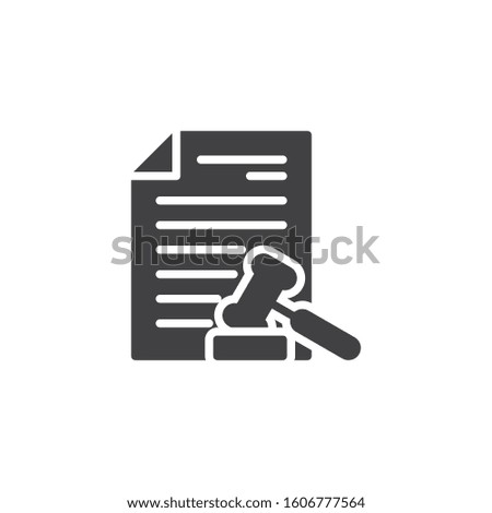 Law document file vector icon. Court decision filled flat sign for mobile concept and web design. Legal document page with Judge Gavel glyph icon. Law and justice symbol, logo illustration. 