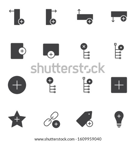 Data Add, plus vector icons set, modern solid symbol collection, filled style pictogram pack. Signs, logo illustration. Set includes icons as add link, bookmark, download, save new file, idea lamp