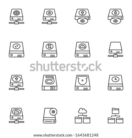 Backup data and recovery line icons set. linear style symbols collection, Data Restore outline signs pack. vector graphics. Set includes icons computer memory component, hdd storage, hard disc repair