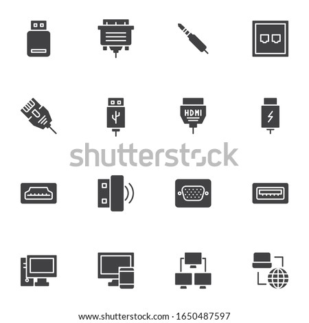 PC connectors and sockets vector icons set, modern solid symbol collection, filled style pictogram pack. Signs logo illustration. Set includes icons as HDMI cable, network connection, computer monitor