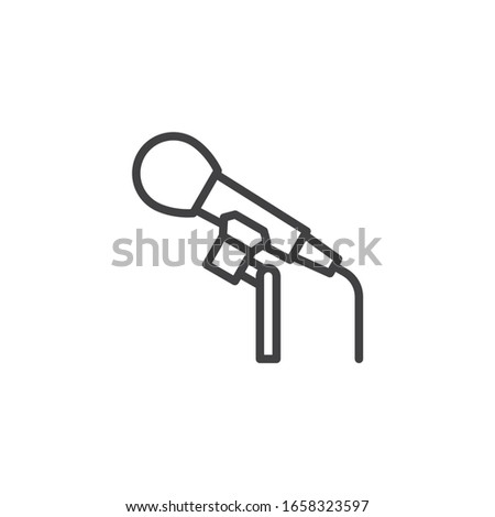 Stage microphone line icon. Karaoke mic linear style sign for mobile concept and web design. Microphone on stage outline vector icon. Symbol, logo illustration. Vector graphics