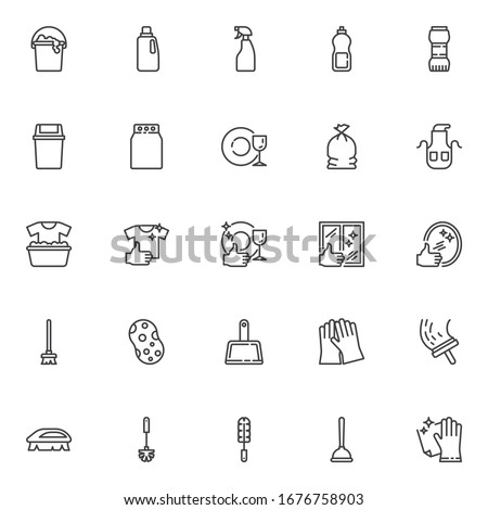 Cleaning service line icons set. linear style symbols collection, outline signs pack. Maid service vector graphics. Set includes icons as cleaning mop and dustpan, brush, rug, detergent powder, gloves