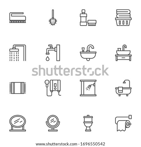 Bathroom and sanitary equipment line icons set. linear style symbols collection, outline signs pack. vector graphics. Set includes icons as toilet brush, sink with water tap, bathtub, shower stall