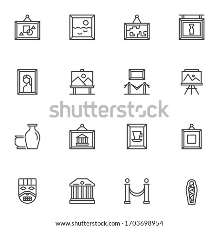 Museum exhibits line icons set. Art gallery linear style symbols collection, outline signs pack. vector graphics. Set includes icons as paintings, ancient vases, museum building, mummy, face mask