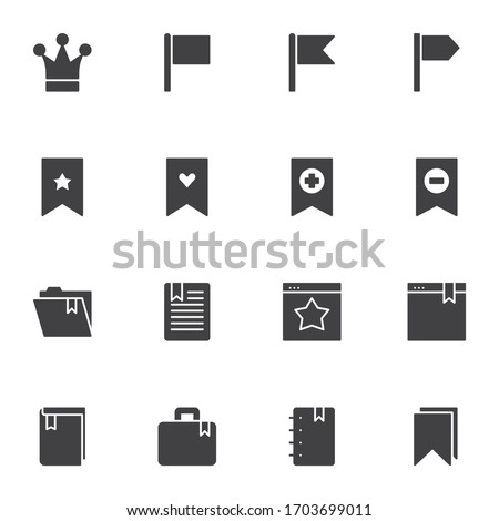 Shortcuts and bookmarks vector icons set, modern solid symbol collection, filled style pictogram pack. Signs, logo illustration. Set includes icons as favorite website bookmark, folder, website page