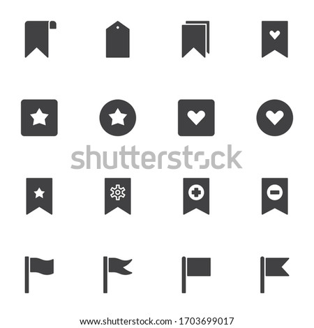 Bookmark and tags vector icons set, modern solid symbol collection, filled style pictogram pack. Signs, logo illustration. Set includes icons as favorite bookmark with star and heart, flag, settings