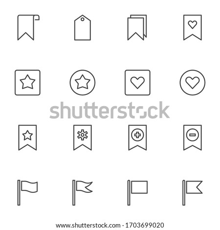 Bookmark and tags line icons set. linear style symbols collection, outline signs pack. vector graphics. Set includes icons as favorite bookmark with star and heart, flag, settings, add, remove