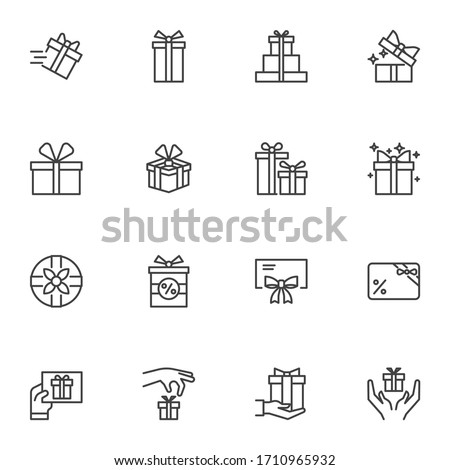 Gift box line icons set, outline vector symbol collection, linear style pictogram pack. Signs logo illustration. Set includes icons as birthday present, box with bow ribbon, surprise package 