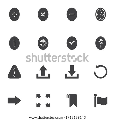 UI/UX vector icons set, modern solid symbol collection, filled style pictogram pack. Signs, logo illustration. Set includes icons as circle buttons, download and upload arrow, reload, bookmark, error