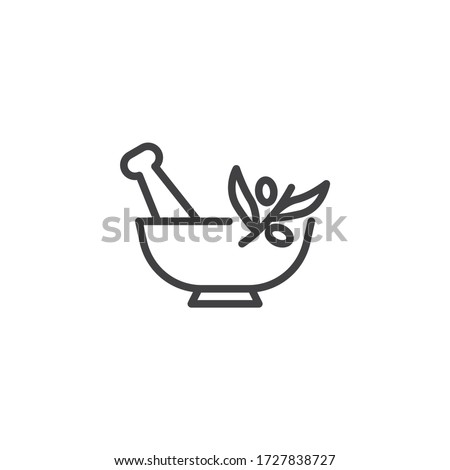 Mortar and pestle with herbal leaf line icon. linear style sign for mobile concept and web design. Aromatherapy spa procedure outline vector icon. Symbol, logo illustration. Vector graphics Foto stock © 