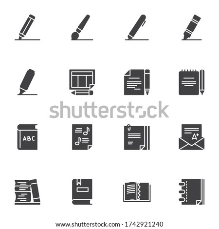 Education vector icons set, writing and reading modern solid symbol collection, filled style pictogram pack. Signs, logo illustration. Set includes icons as pen, pencil, book, notebook, A-plus grade