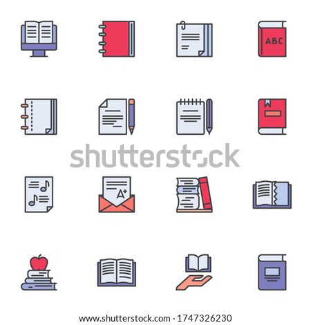 Education filled outline icons set, line vector symbol collection, linear colorful pictogram pack. Signs, logo illustration, Set includes icons as e-learning, online book reading, music, grade result 