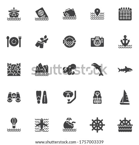 Cruise travel vector icons set, modern solid symbol collection, filled style pictogram pack. Signs, logo illustration. Set includes icons as  cruise ship, ocean waves, porthole, sailboat, dolphin