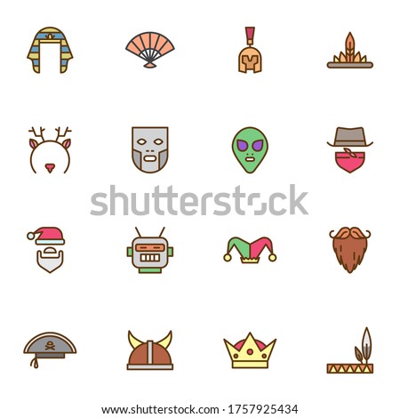 Carnival party filled outline icons set, line vector symbol collection, linear colorful pictogram pack. Signs, logo illustration, Set includes icons as cowboy hat, face mask, alien, pirate, robot